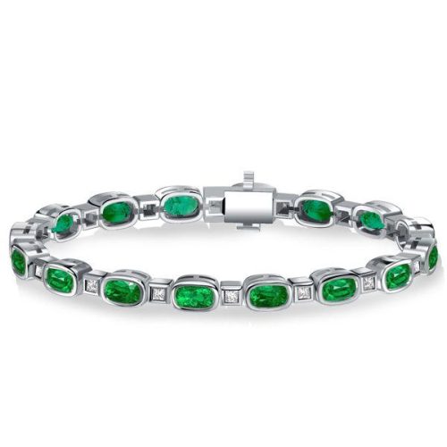 Emerald Tennis Bracelet - Bezel Set Cushion Cut - Sterling Silver
