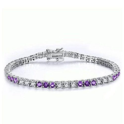 Amethyst & White Topaz Tennis Bracelet in Sterling Silver - Round Cut